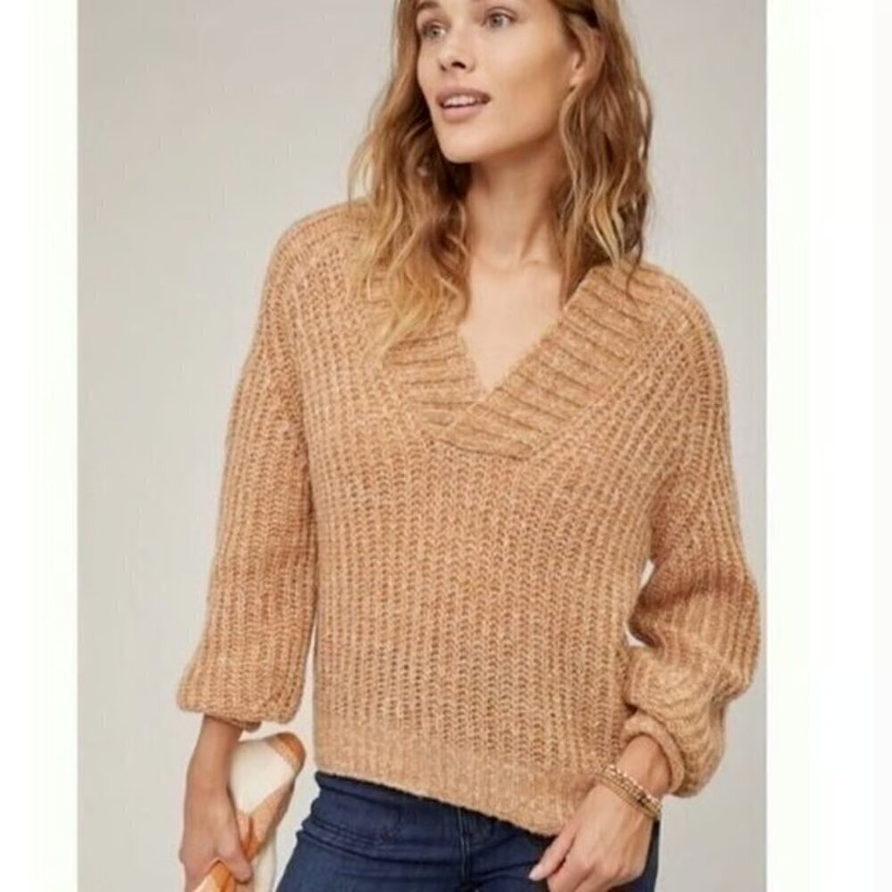 by ANTHROPOLOGIE Honore Ribbed Knit Sweater Long Sleeve V Neck‎ Honey S 82-14